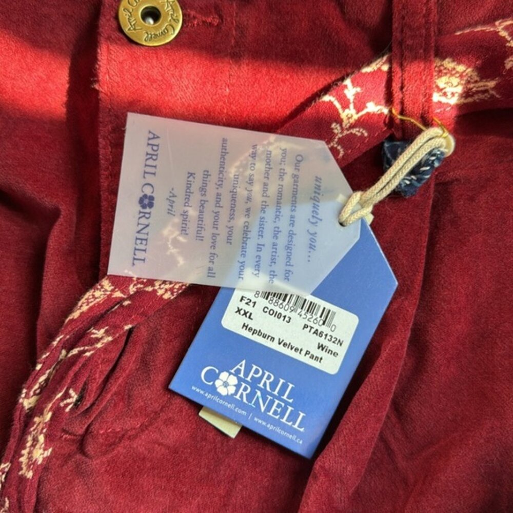 NWT April Cornell Burgundy Corduroy Hepburn Velvet Pant Belted Pants XXL - Picture 4 of 4